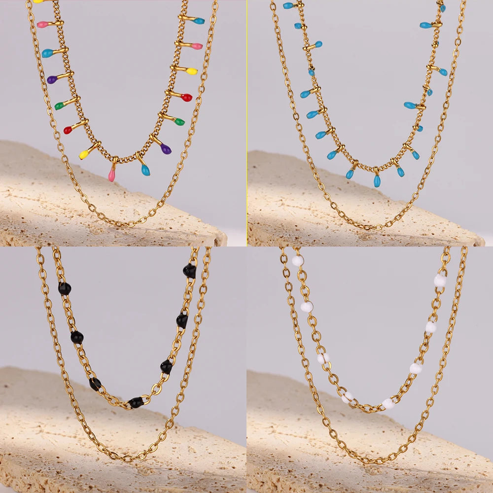 Double Layer Bohemian Colorful Bead Necklace For Women Stainless Steel Gold Color Clavicle Chain Aesthetic Boho Jewelry Gifts