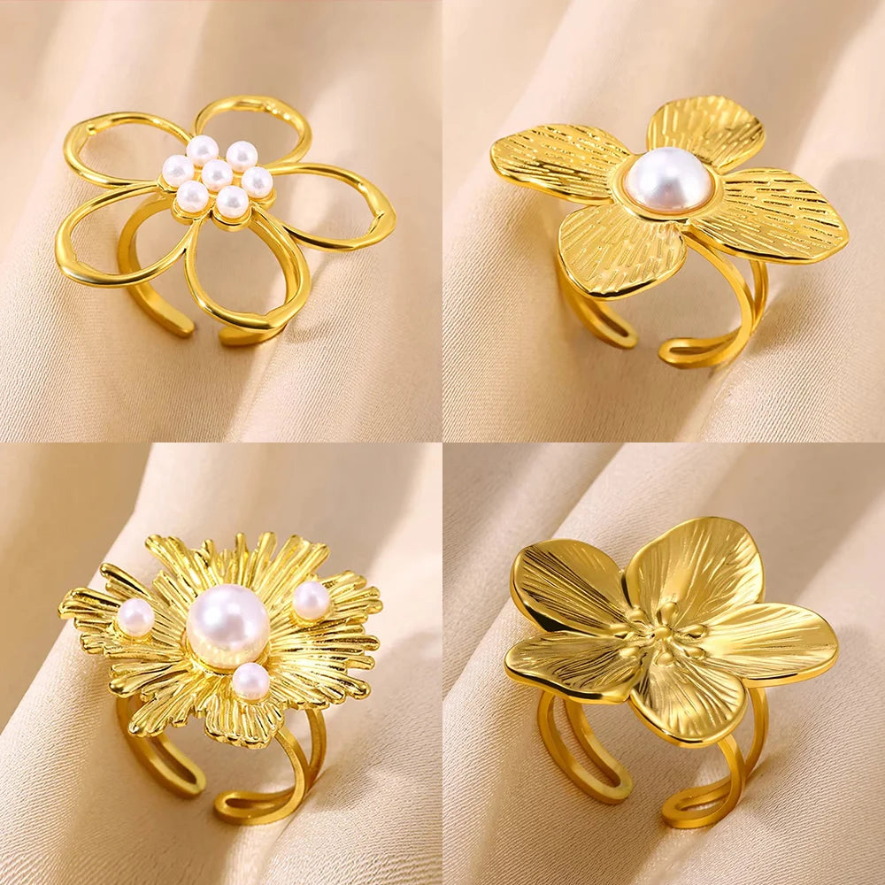 Imitation Pearl Flower Rings for Women Gold Color Stainless Steel Ring Trendy Elegant Floral Luxury Aesthetic Jewelry anillos