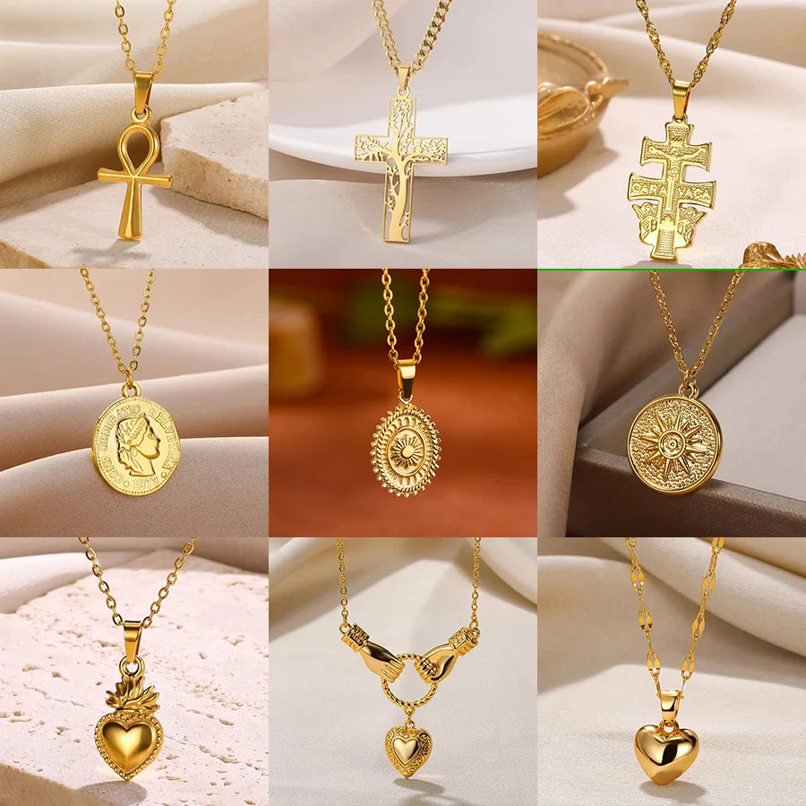 Stainless Steel Sun Pendant Necklaces for Women Punk Vintage Gold Color Cross Heart Clavicle Chain Charm Aesthetic Jewelry Gift