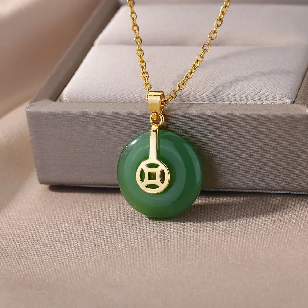 Stainless Steel Green Stone Necklaces For Women Gold Color Chain Stone Opal Oval Pendant Necklace Classic Aesthetic Jewelry Gift